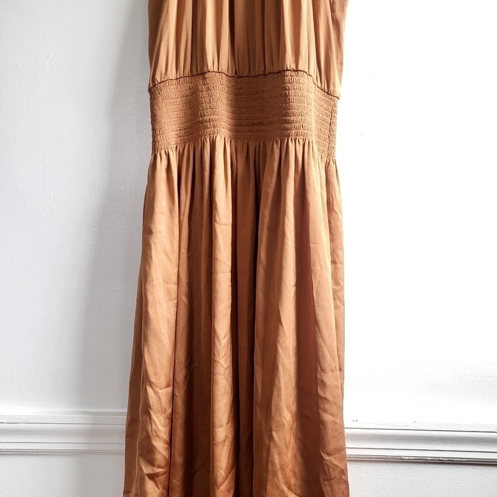 New Ramy Brook Belle Halter Neck Sleeveless Smocked Light Cognac Midi Dress Sz M - Picture 7 of 12